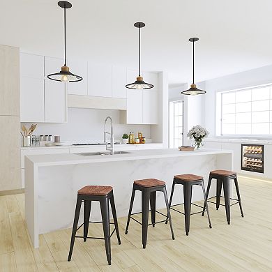 Merrick Lane Set Of Four 24 Inch Metal Stackable Bar Counter Stools With Wood Seat