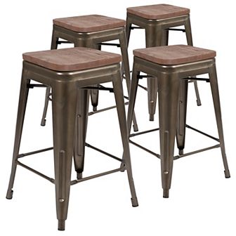 Merrick Lane Set Of Four 24 Inch Metal Stackable Bar Counter Stools With Wood Seat