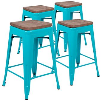 Merrick Lane Set Of Four 24 Inch Metal Stackable Bar Counter Stools With Wood Seat