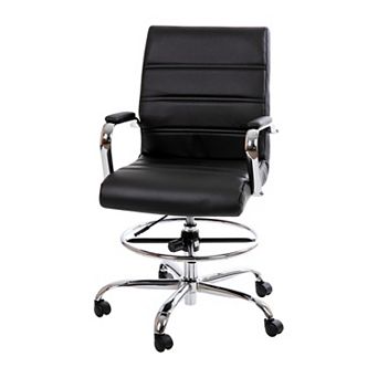 Merrick Lane Tevia Mid-Back Drafting Chair with Adjustable Foot Ring Faux Leather Upholstered Swivel Chair with Chrome Base