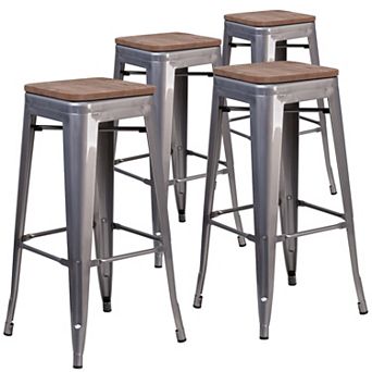 Merrick Lane Set of 4 Hamburg 30 Inch Tall Clear Coated Metal Bar Counter Stool With Textured Elm Wood Seat