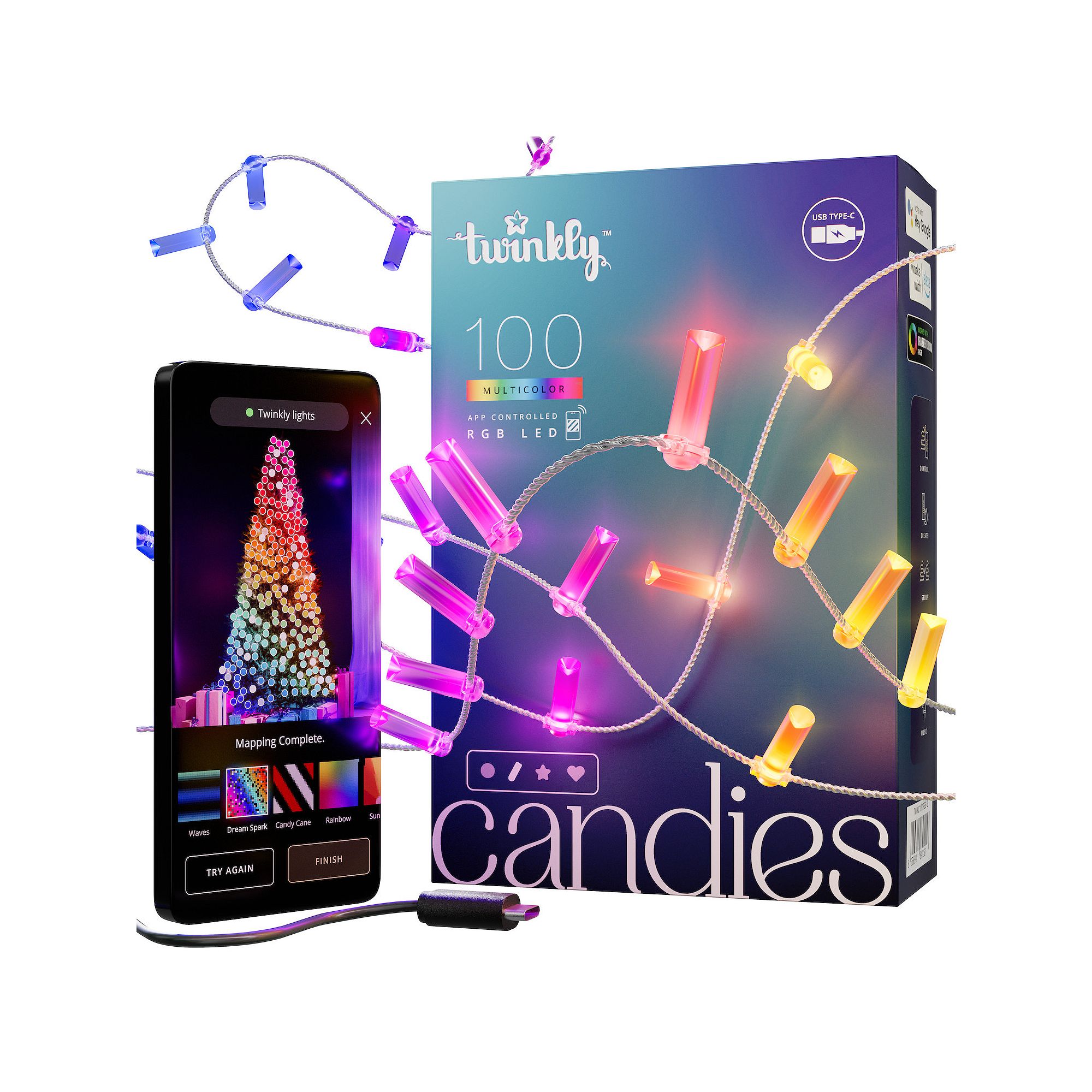 Twinkly Candies 100-Light Candle-Shape RGB String Lights, Multi None