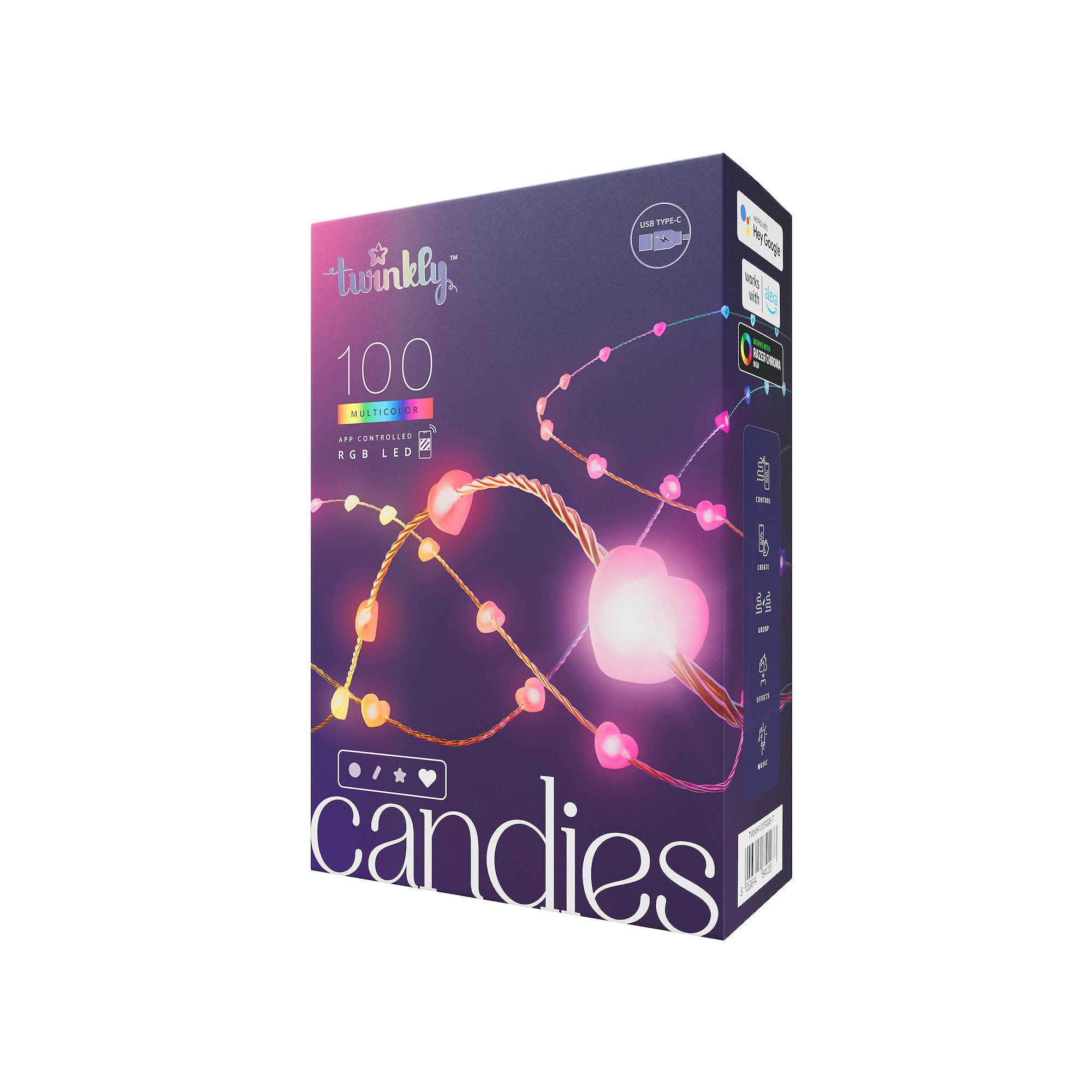 Twinkly Candies 100-Light Heart-Shape RGB String Lights, Multi None