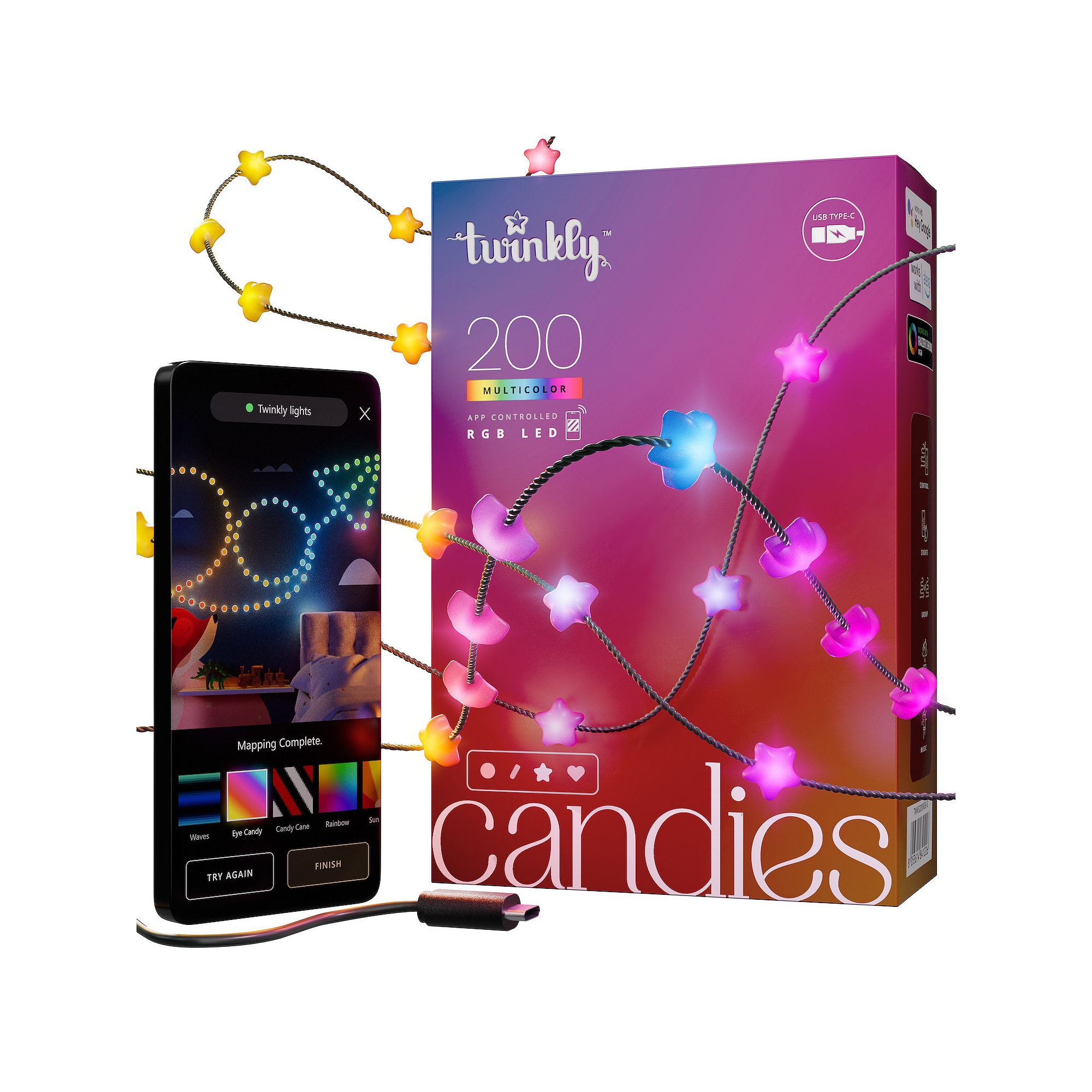 Twinkly Candies 200-Light Star-Shaped RGB String Lights, Multi None