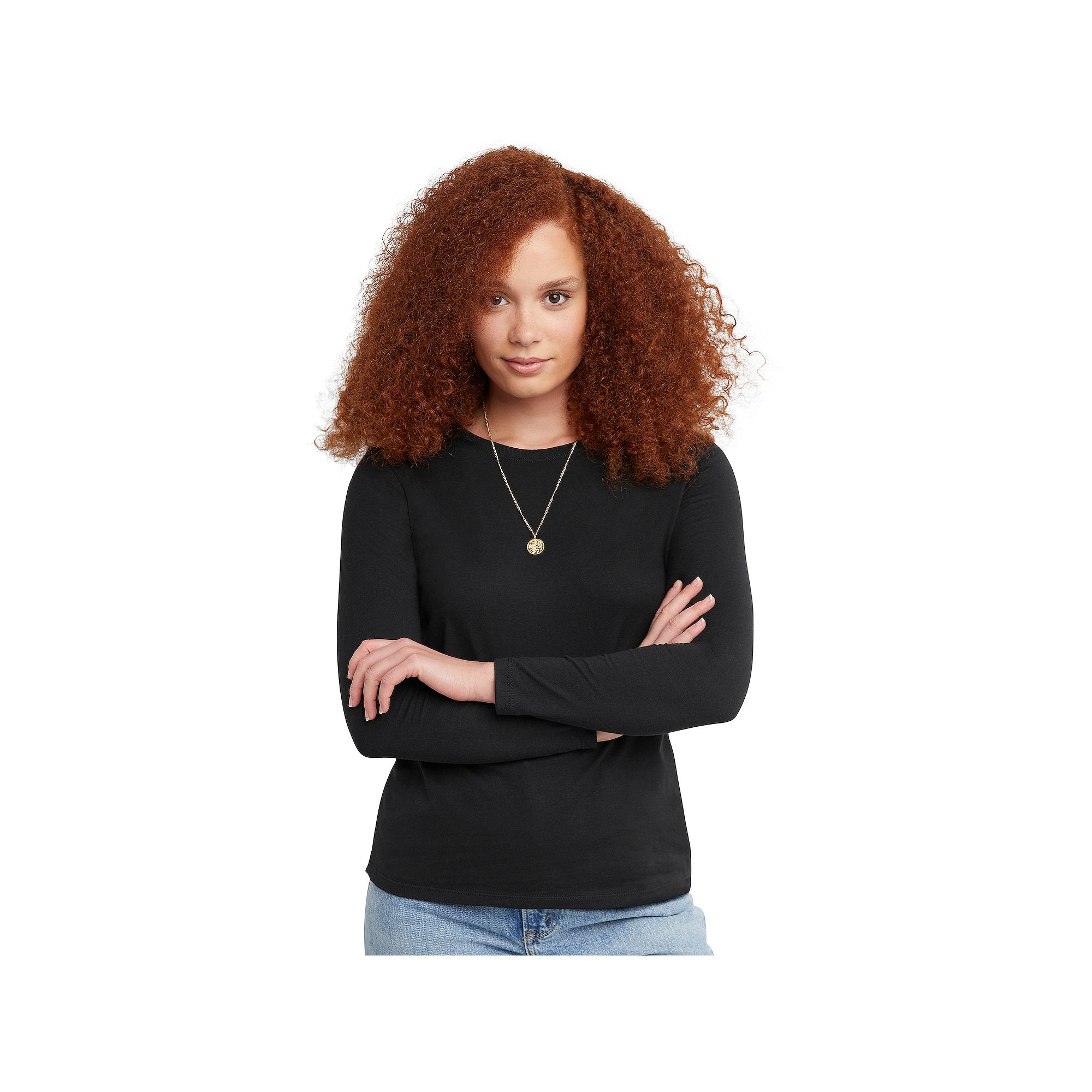 Womens Hanes® Originals Long Sleeve Crewneck Tee, Size: Small, Ebony
