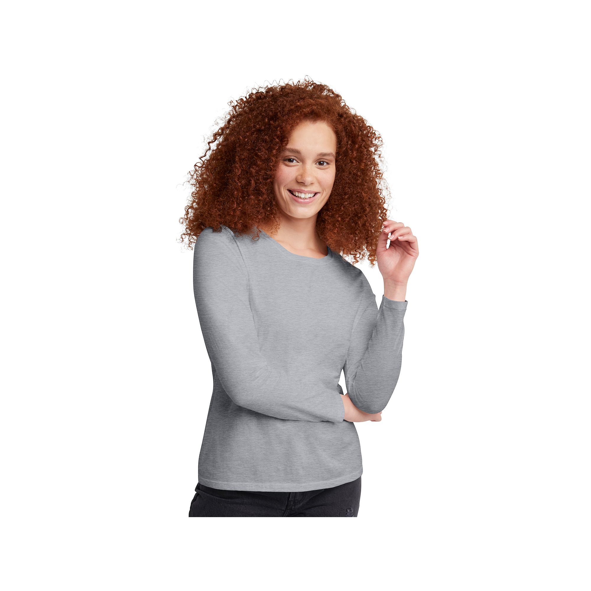 Womens Hanes® Originals Long Sleeve Crewneck Tee, Size: XS, Light Silver