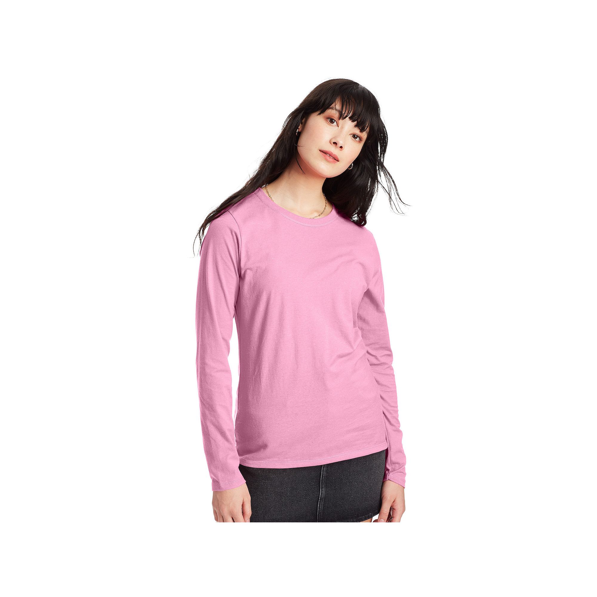 Womens Hanes® Originals Long Sleeve Crewneck Tee, Size: Small, Pink Swish