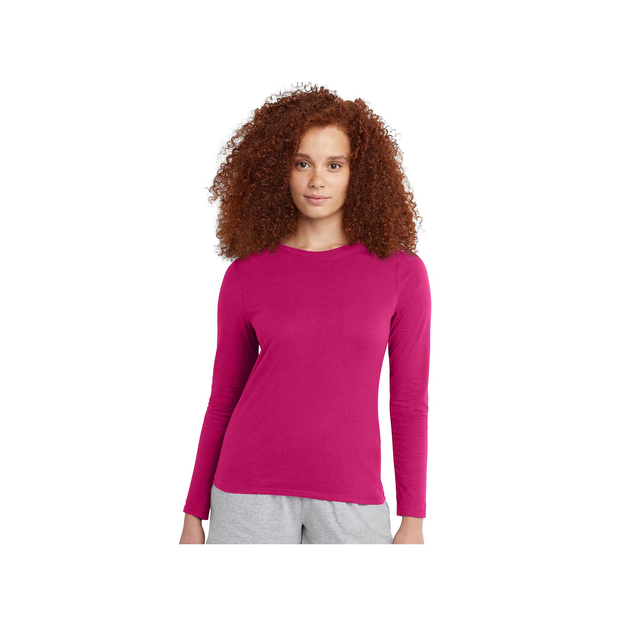 Womens Hanes® Originals Long Sleeve Crewneck Tee, Size: XS, Sizzling Pink