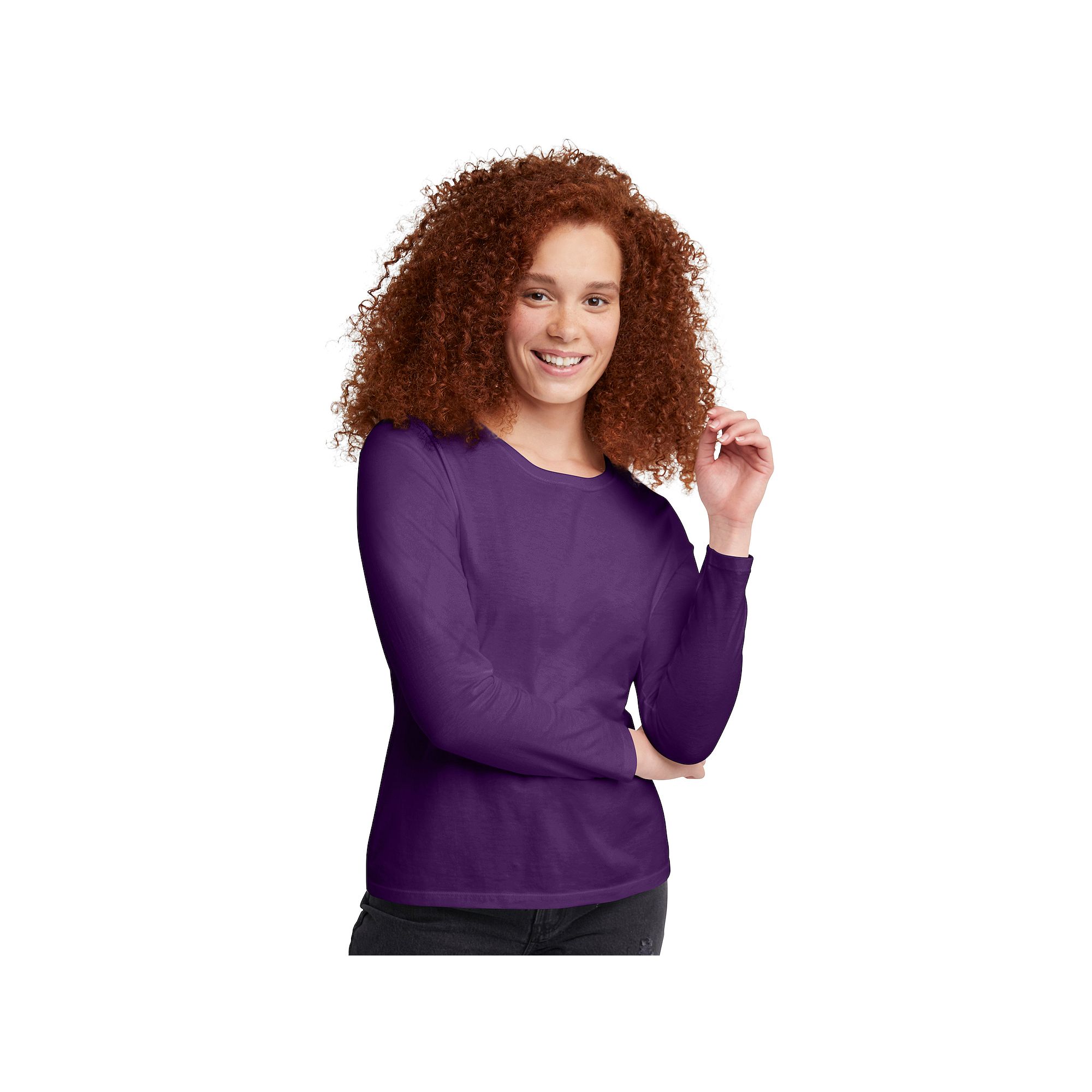Womens Hanes® Originals Long Sleeve Crewneck Tee, Size: Small, Purple Spl