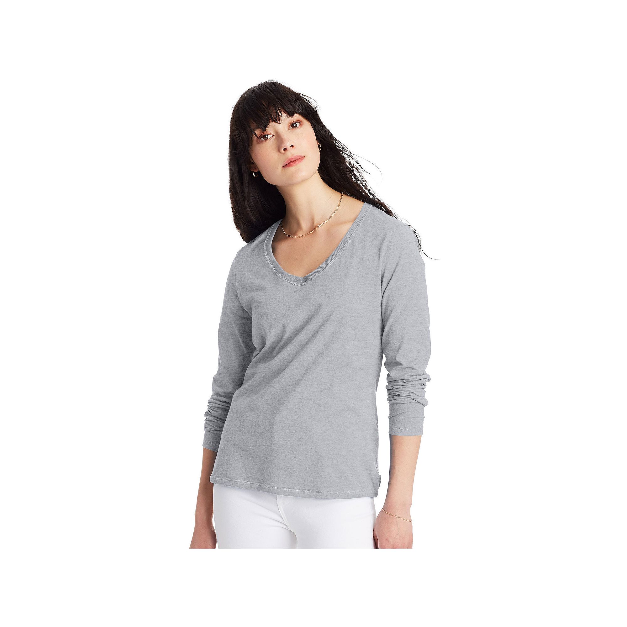 Womens Hanes® Originals Long Sleeve Tee, Size: XS, Light Silver