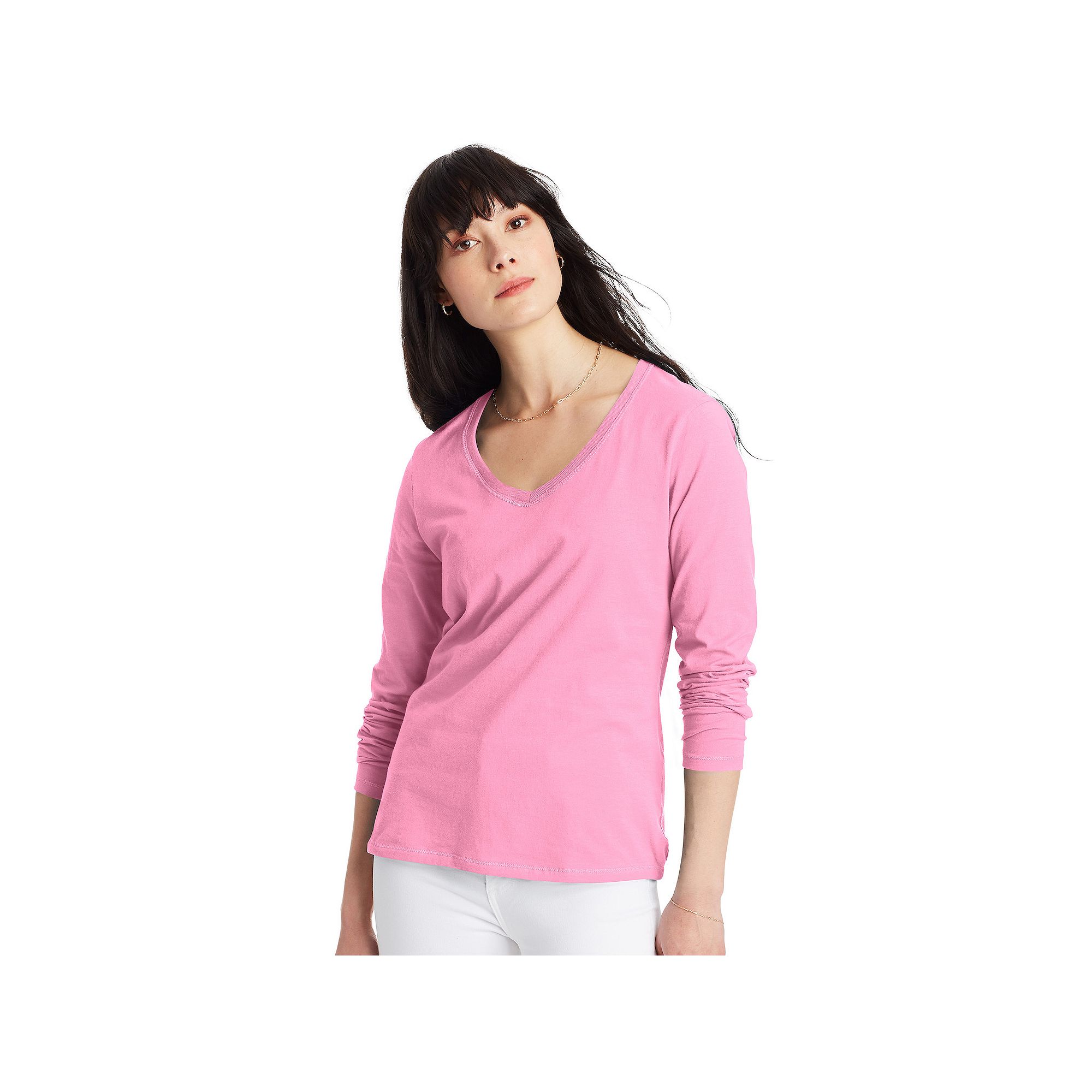 Womens Hanes® Originals Long Sleeve Tee, Size: Small, Pink Swish