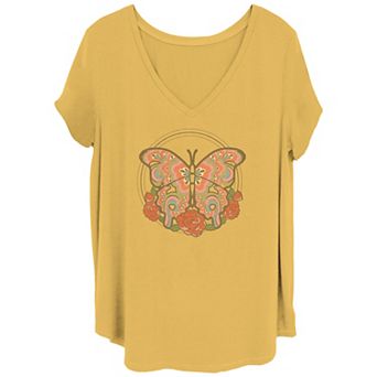 Juniors' Plus Size Colorful Butterfly Stamp V Neck Tee