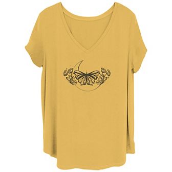 Juniors' Plus Size Moon Butterfly & Wildflowers V Neck Tee