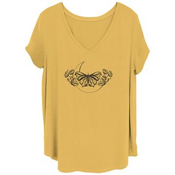 Juniors' Plus Size Moon Butterfly & Wildflowers V Neck Tee