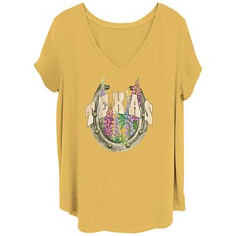 Juniors' Plus Size Texas Horseshoe And Flowers V Neck Tee