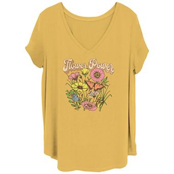 Juniors' Plus Size Flower Power Poster V Neck Tee
