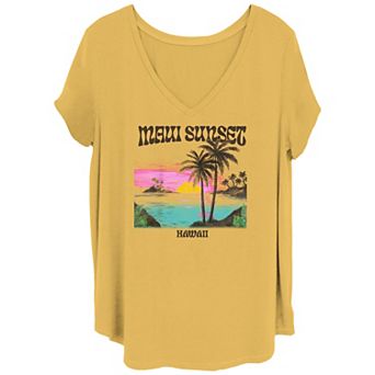 Juniors' Plus Size Maui Sunset Hawaii Postcard V Neck Tee