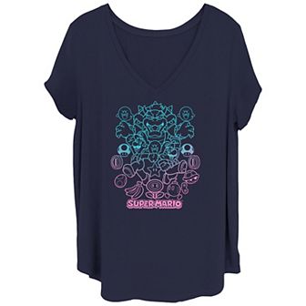 Juniors' Plus Size Nintendo Super Mario Bros Gradient Lines Group Poster V Neck Tee