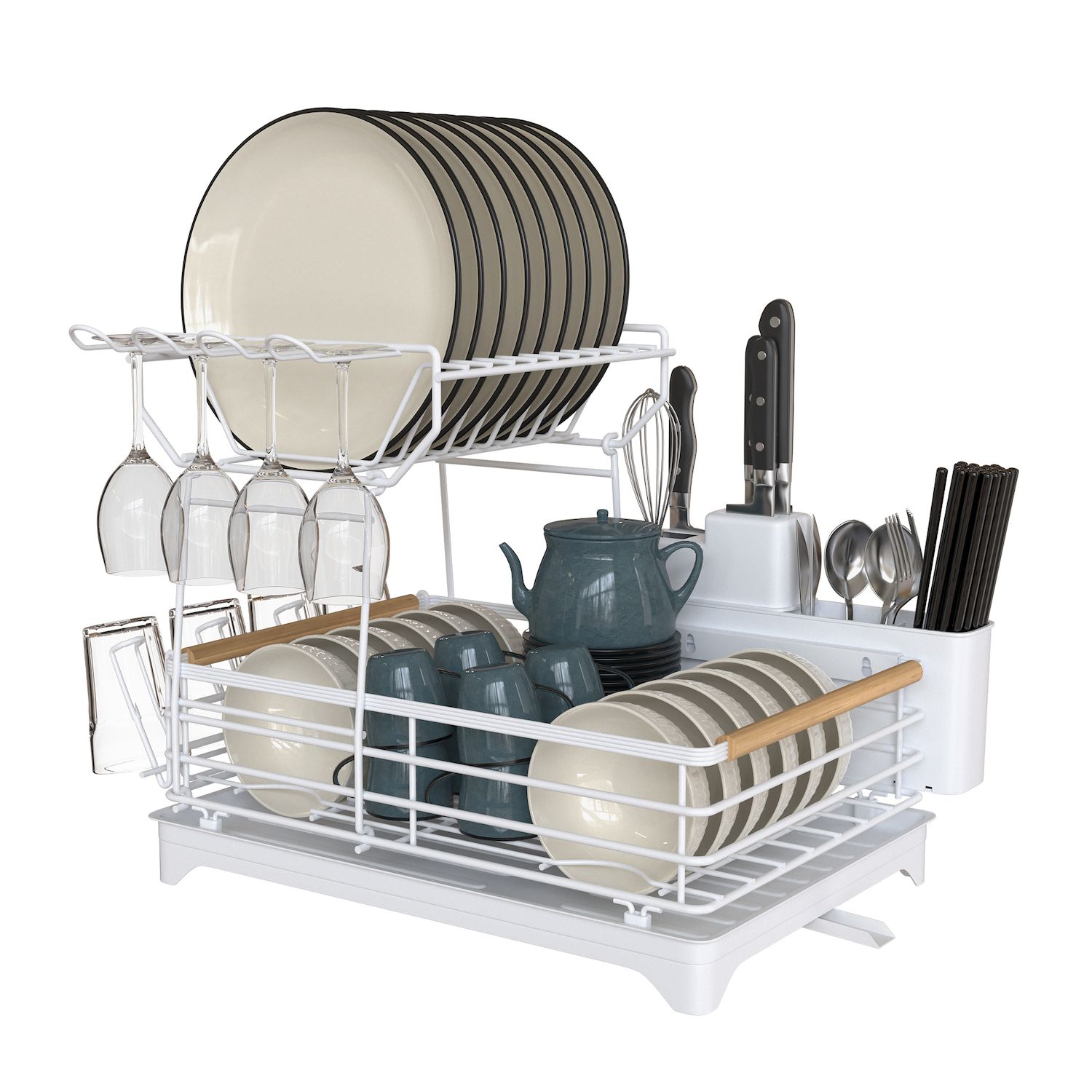 Mega Chef Dish Rack with 14 Plate Positioners & Detachable Utensil Holder, White, 17.5