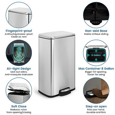 8 Gal./30 Liter Rectangular Stainless Steel step-on Trash Can for kitchen