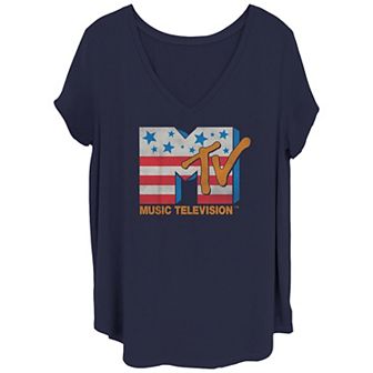 Juniors' Plus Size MTV Americana Logo V Neck Tee