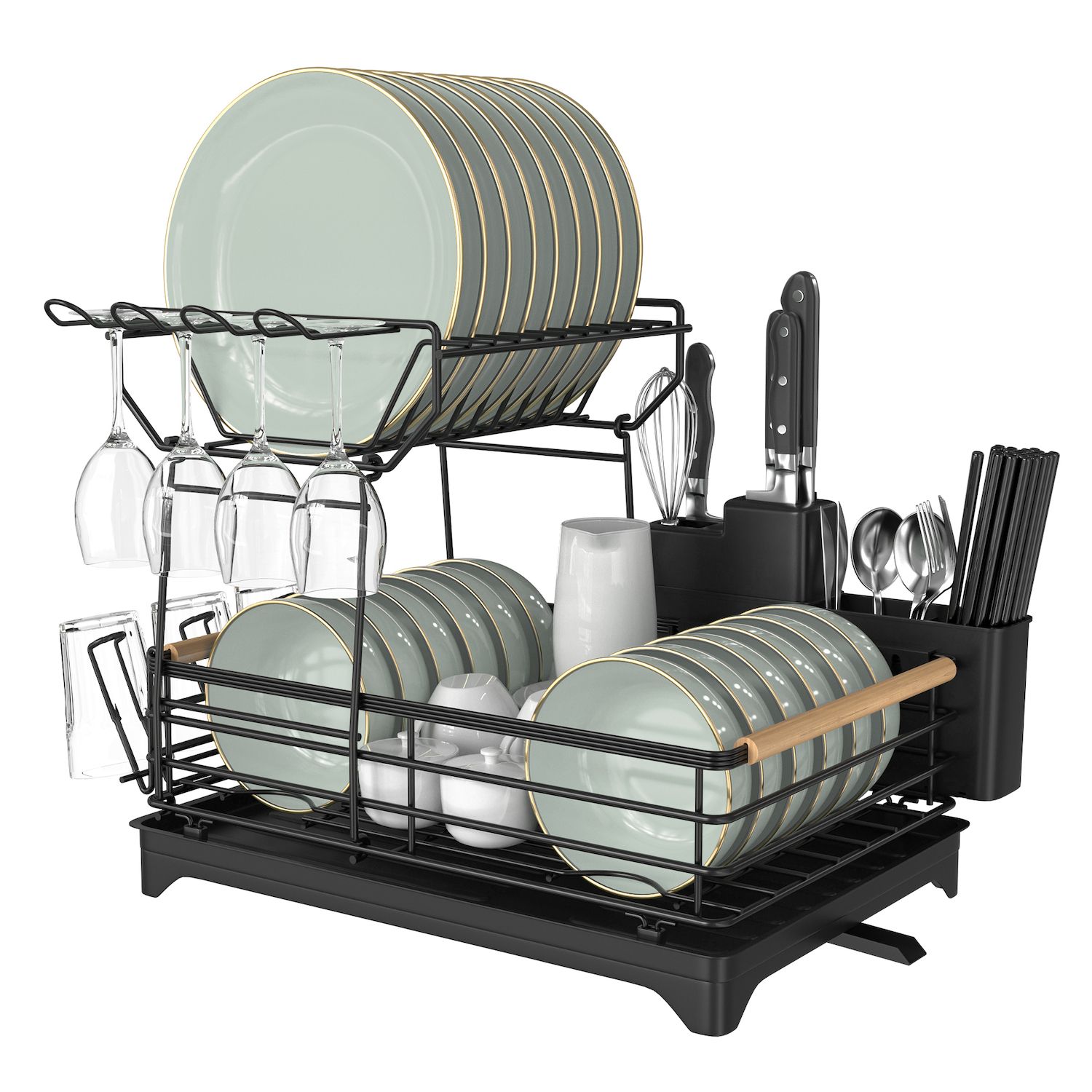 Zulay Kitchen Foldable Bamboo Dish Drying Rack - 2-Tier, 1