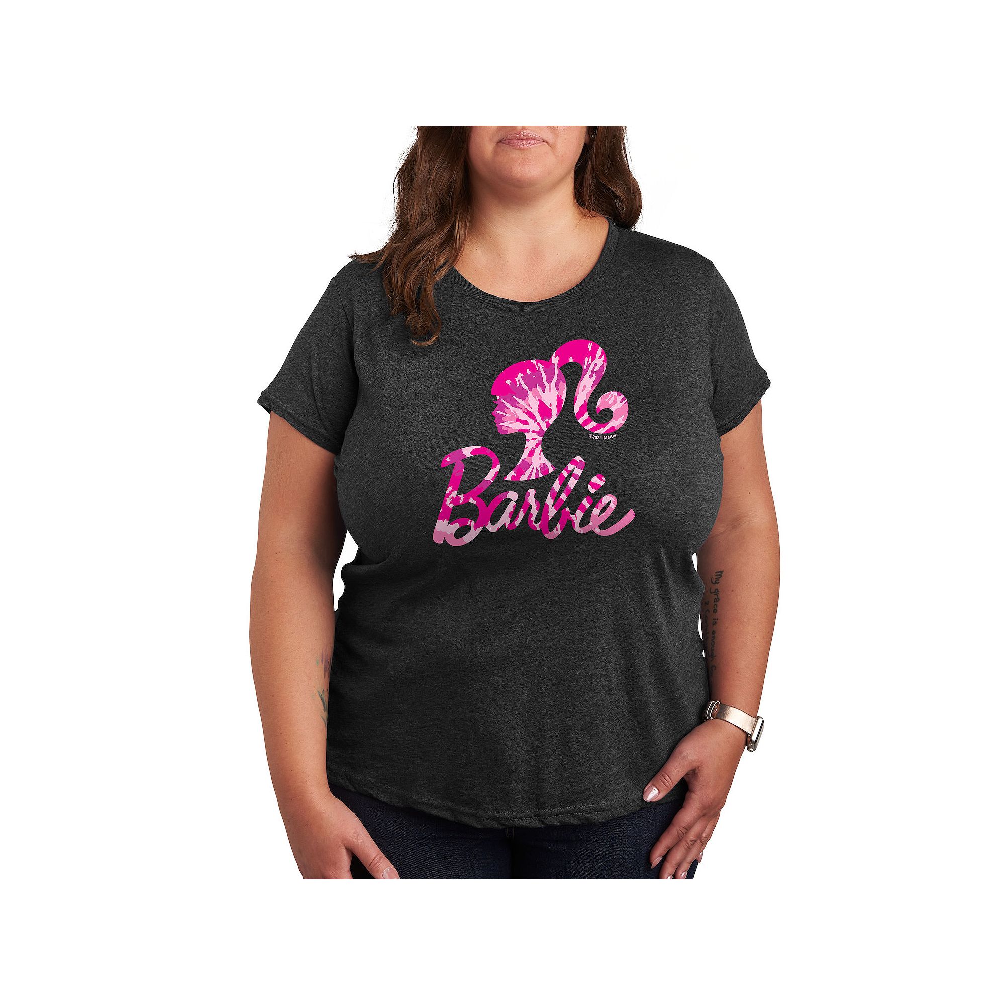 Plus Barbie® Logo Tie Dye Graphic Tee, Womens, Size: 1XL, Heather Grey