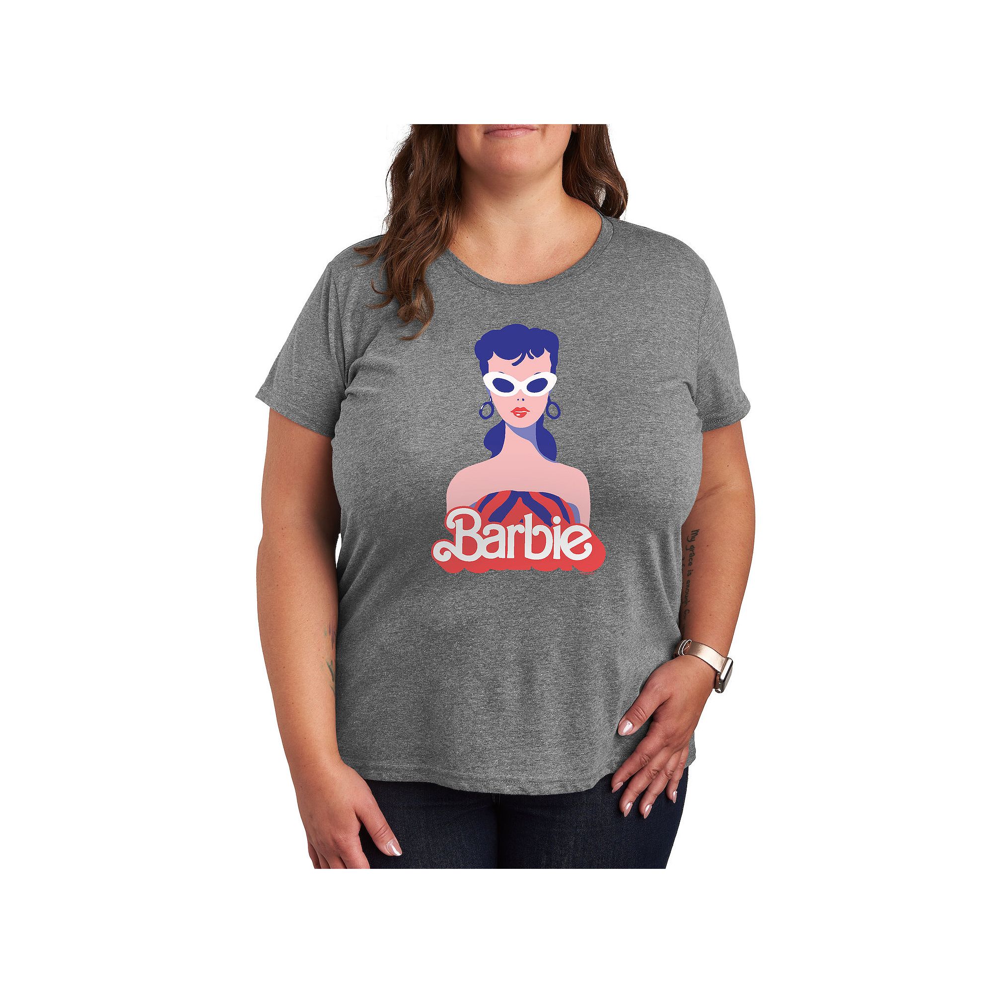 Plus Barbie® Red Logo Graphic Tee, Womens, Size: 1XL, Grey Gray