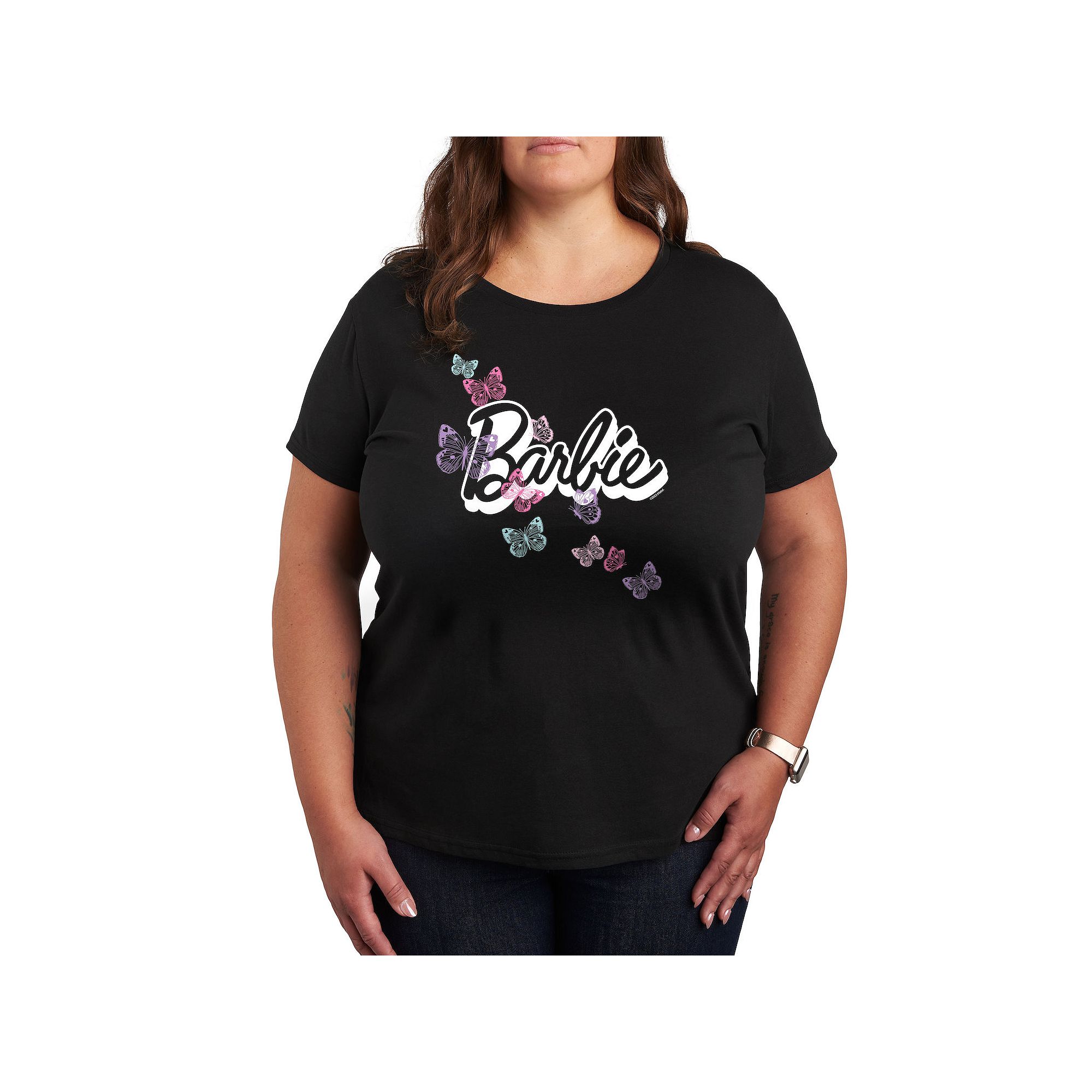 Plus Barbie® Butterfly Logo Graphic Tee, Womens, Size: 1XL, Black