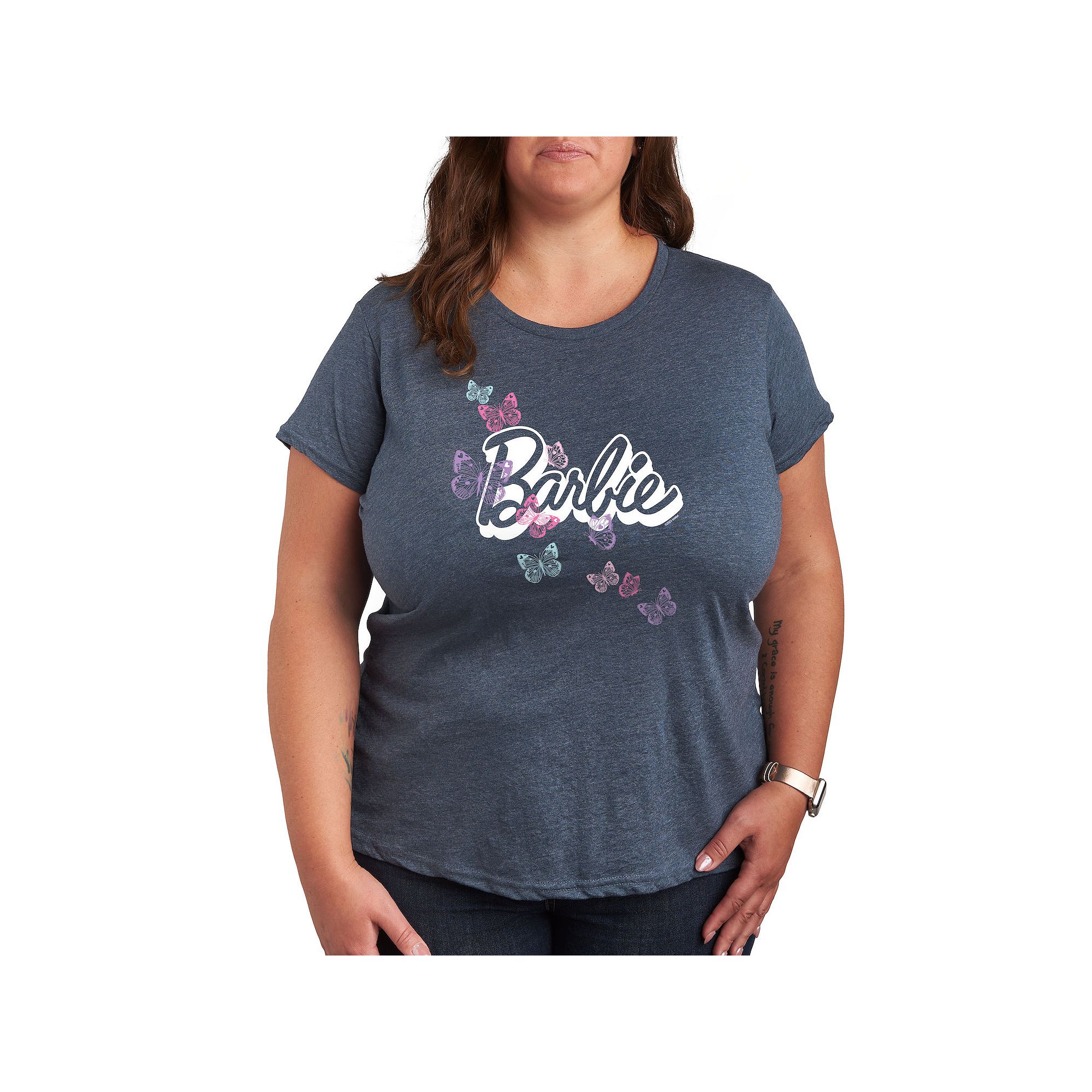 Plus Barbie® Butterfly Logo Graphic Tee, Womens, Size: 1XL, Grey Blue