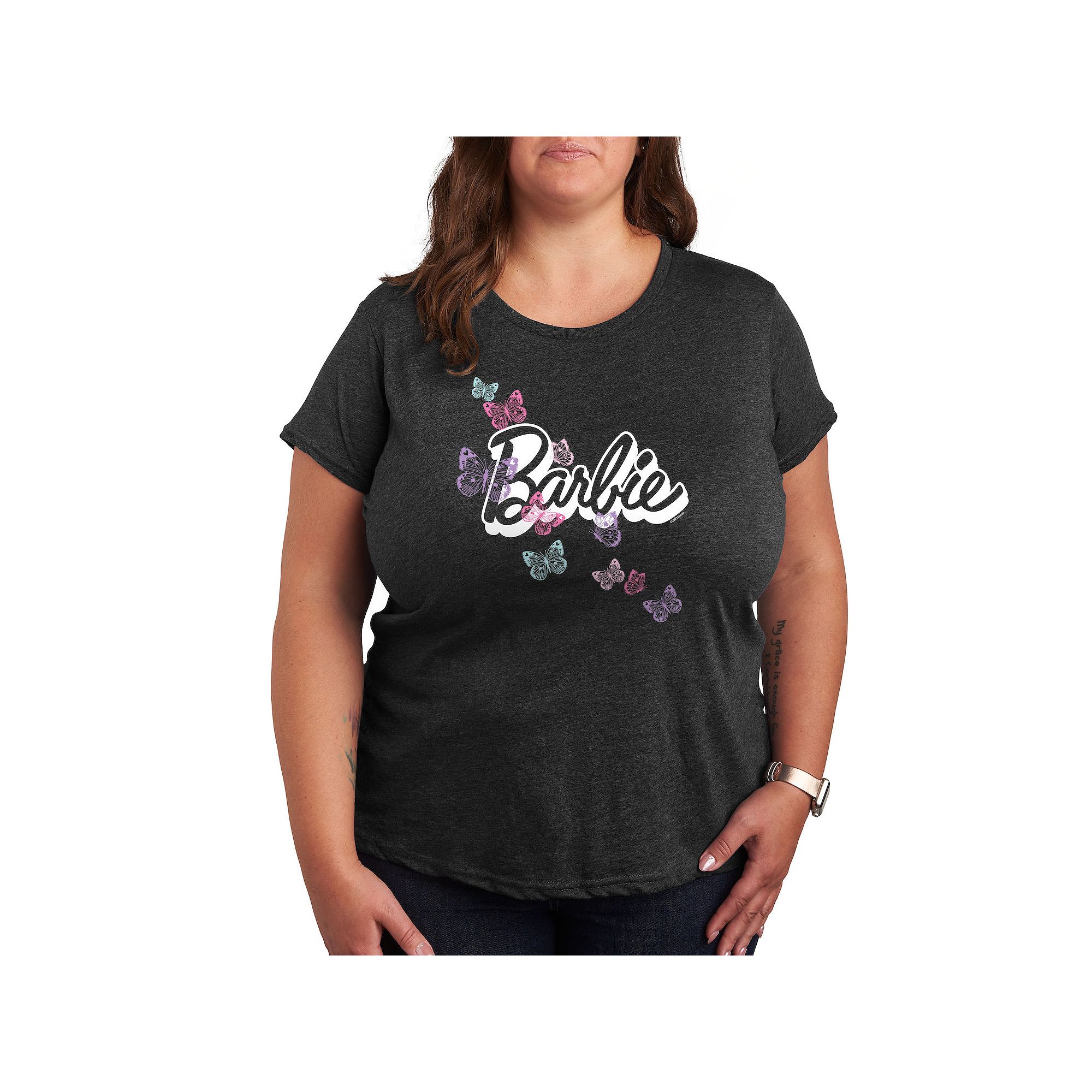 Plus Barbie® Butterfly Logo Graphic Tee, Womens, Size: 1XL, Heather Grey