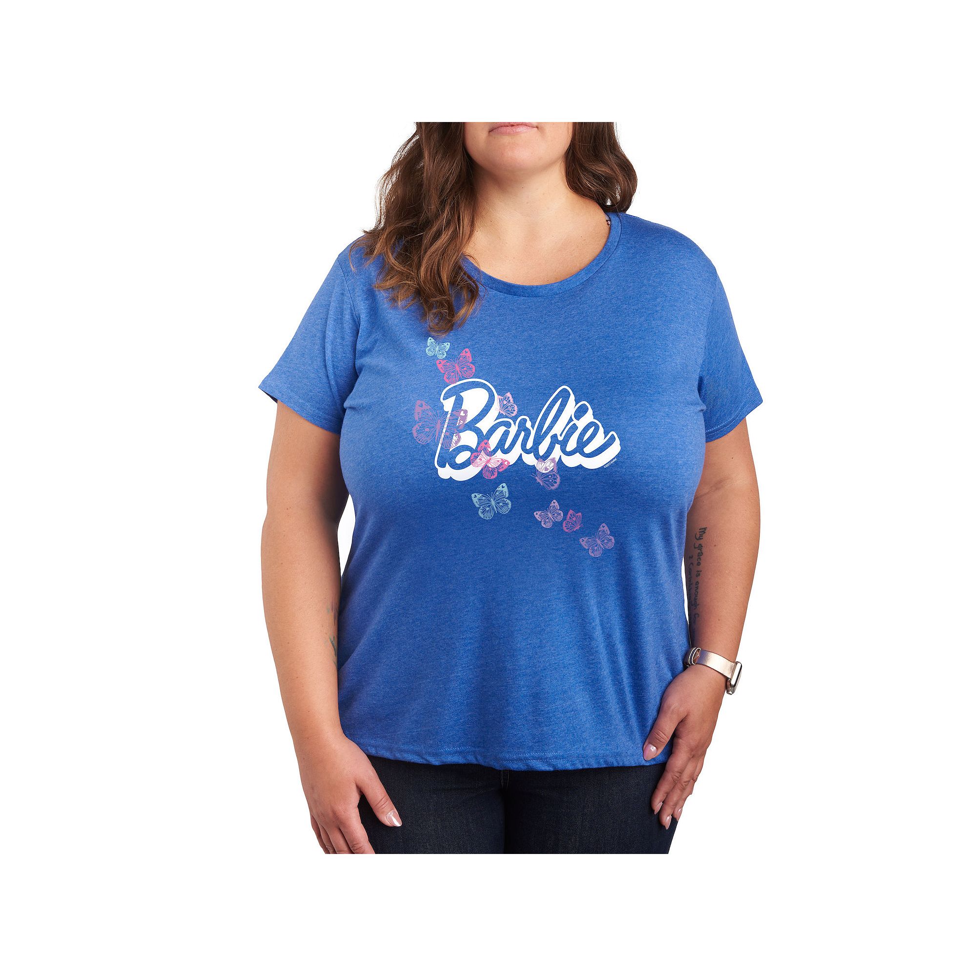Plus Barbie® Butterfly Logo Graphic Tee, Womens, Size: 1XL, Grey Royal Bl