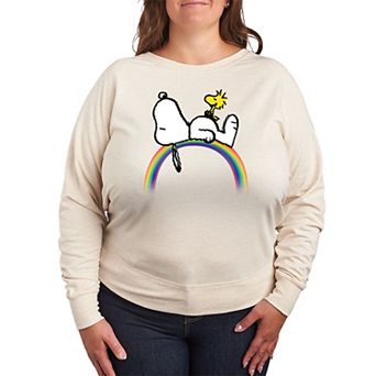 Plus Size Peanuts Snoopy & Woodstock Rainbow French Terry Long Sleeve Tee