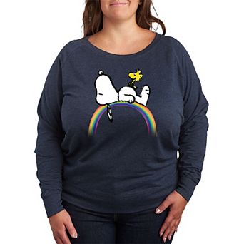 Plus Size Peanuts Snoopy & Woodstock Rainbow French Terry Long Sleeve Tee