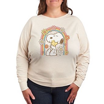 Plus Size Peanuts Snoopy & Woodstock Retro Flower Rainbow French Terry Long Sleeve Tee