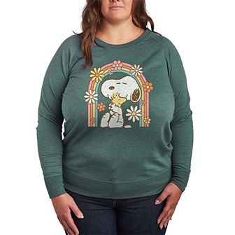 Plus Size Peanuts Snoopy & Woodstock Retro Flower Rainbow French Terry Long Sleeve Tee