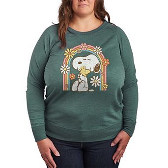 Plus Size Peanuts Snoopy & Woodstock Retro Flower Rainbow French Terry Long Sleeve Tee