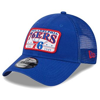 Men's New Era Royal Philadelphia 76ers Plate Oversized Patch Trucker 9FORTY Adjustable Hat