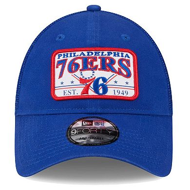 Men's New Era Royal Philadelphia 76ers Plate Oversized Patch Trucker 9FORTY Adjustable Hat