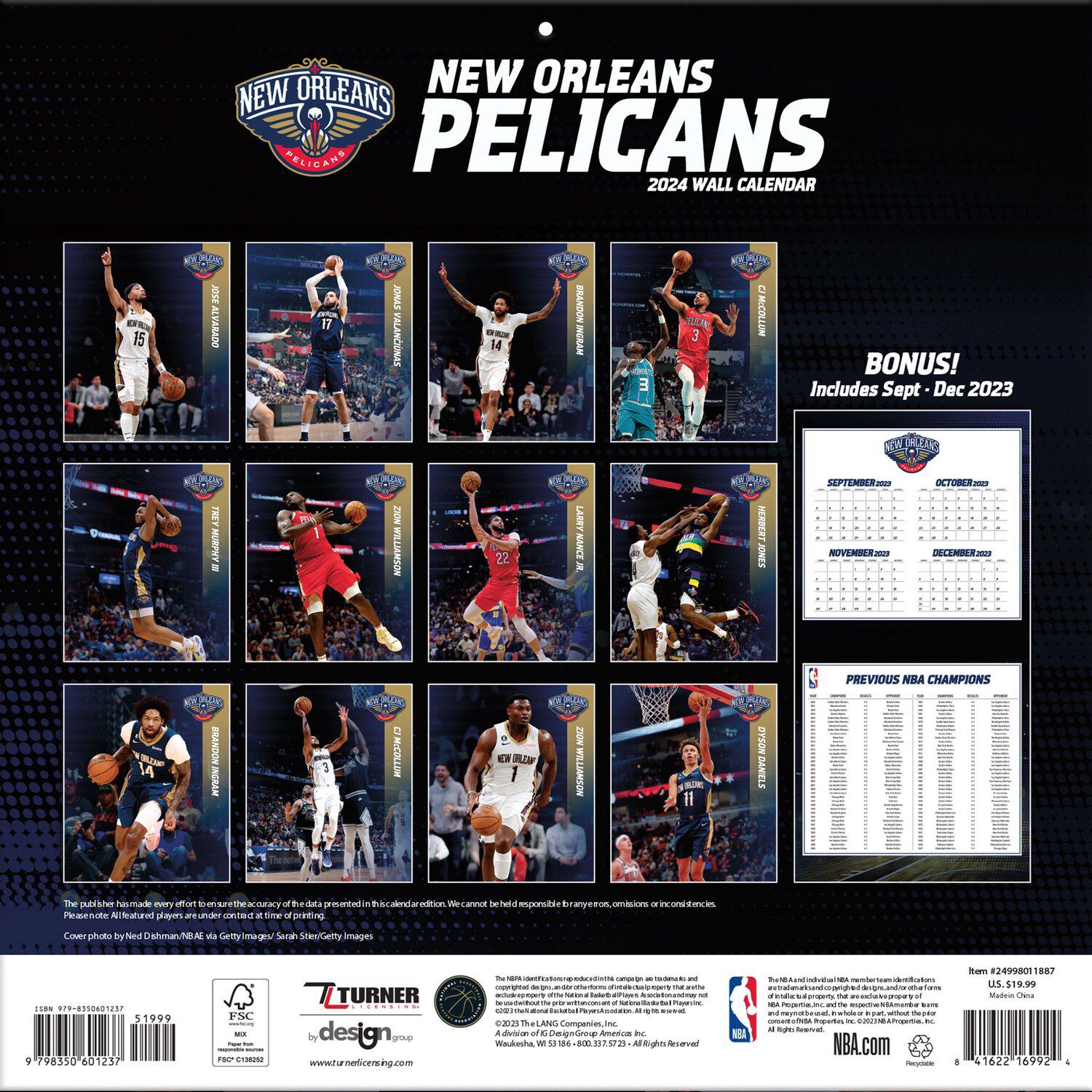 New Orleans Pelicans 2024 12'' X 12'' Team Wall Calendar