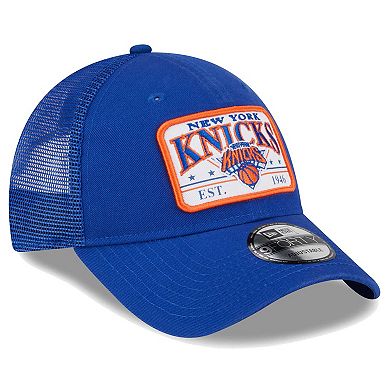 Men's New Era Blue New York Knicks Plate Oversized Patch Trucker 9FORTY ...