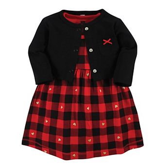 Baby Girls Cotton Dress and Cardigan Set, Gold Heart Buffalo Plaid