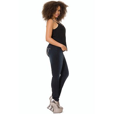 Women's Curvy Fit Denim Bling-Stud Pockets Dark Washed Mid Rise Skinny Jeans