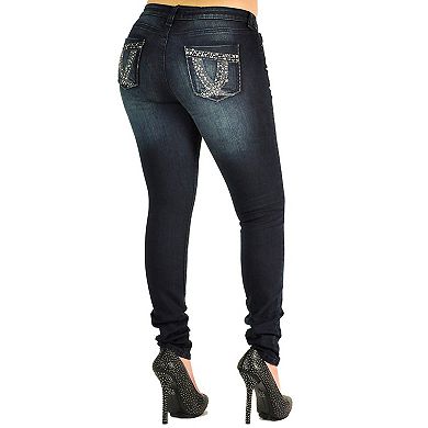 Women's Curvy Fit Denim Bling-Stud Pockets Dark Washed Mid Rise Skinny Jeans