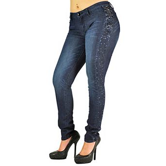 Women's Curvy Fit Rhinestone Studs Mid-Rise Skinny Stretch Denim Jeans