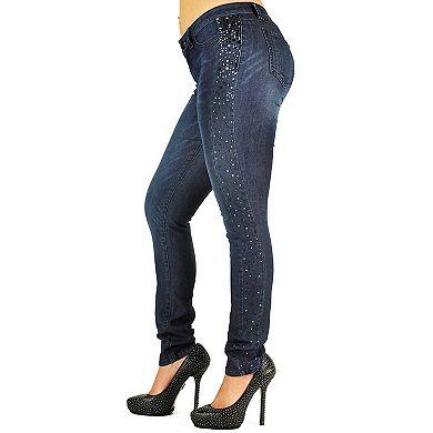 Women's Curvy Fit Rhinestone Studs Mid-Rise Skinny Stretch Denim Jeans
