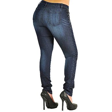 Women's Curvy Fit Rhinestone Studs Mid-Rise Skinny Stretch Denim Jeans