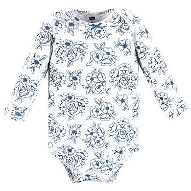 Hudson Baby Infant Girl Cotton Long-Sleeve Bodysuits, Blue Toile 3-Pack