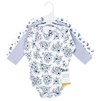 Hudson Baby Infant Girl Cotton Long-Sleeve Bodysuits, Blue Toile 3-Pack