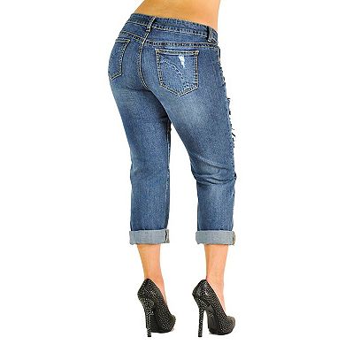 Women's Curvy Fit Animal Printed Destroyed Skinny Boyfriend Jeans